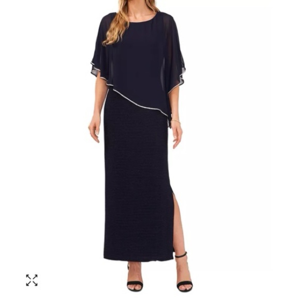 Women’s Navy Blue MSK Combo Overlay Rhinestone Trim Evening Gown